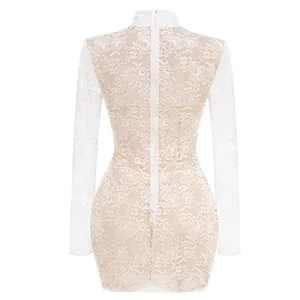 Elegant white lace jacquard mini dress featuring a stand collar and back zipper detail