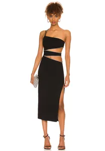Stijlvolle zwarte one-shoulder jurk met strass uitsnijdingen en zijsplit detail