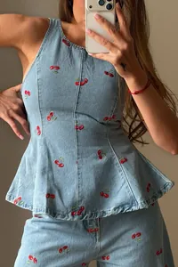 Vintage light blue denim peplum top and pants set with red cherry embroidery detail