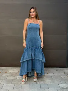 Stylish tiered blue denim maxi dress featuring spaghetti straps and ruffled high-low hemline