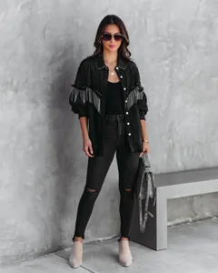 Heavy industry black denim jacket with chain fringe and silver studs street style coat