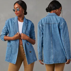 Damen Mode Lässig Gewaschen Blau Denim Anzug Jacke Langarm Doppelreiher Blazer Top Mit Taschen Street Style Denim Mantel