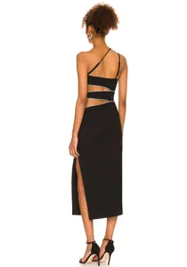 Sexy zwarte bodycon midi-jurk met stras-kettinguitsnijdingen en een hoge zijsplit