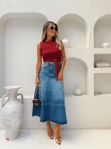 Europese retro stijl denim maxi-rok met hoge taille voor dames in streetwear look
