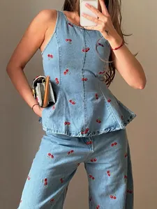 Women Vintage Cherry Embroidered Denim Top And Bottom Set Halter Peplum Top Wide Leg Straight Jeans Washed Blue Clothing