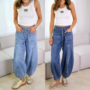 Stylish streetwear casual wide-leg denim jeans for women with elastic drawstring waist