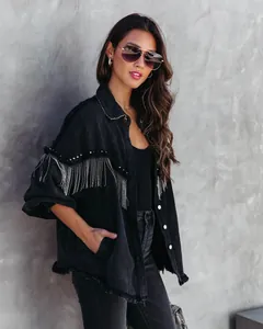 Heavy industry black denim jacket featuring silver chain fringe and rivet accents