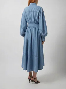 Back view of light blue denim midi dress with lantern sleeves and cinched waist detailing
