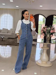 Fashionable denim button-down jumpsuit featuring wide-leg pants and a flattering slim waist
