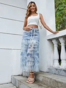 Jupe Midi Femme Patchwork en Denim et Maille Florale à Étages Streetwear Taille Haute Ligne A Avec Ceinture