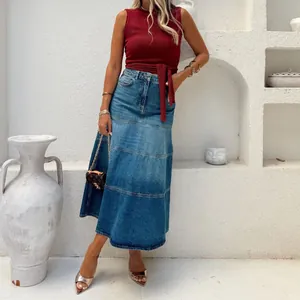 Dames High Waisted A-Lijn Denim Rok Gelaagde Splitsing Street Retro Gewassen Lange Mid-Calf Casual Rok Streetwear Bottoms