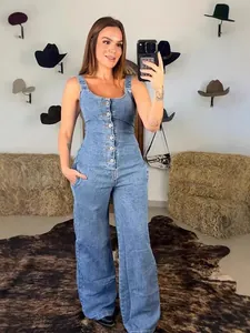 Women's sleeveless denim jumpsuit with waist-slimming fit and wide-leg pants
