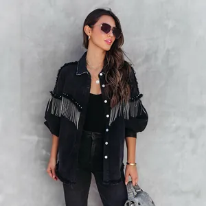 Women's Heavy Industry Denim Jacket Frayed Edge Rivet Metal Chain Tassel Single Breasted Loose Streetwear Outerwear Top