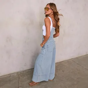 Chic light blue wide-leg denim overalls with pockets, street style fashion for women