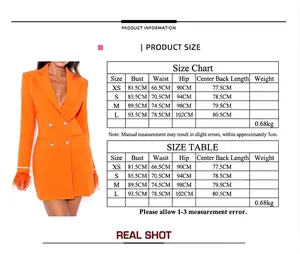 Guide des tailles détaillé pour la robe blazer orange à double boutonnage et poignets plumes