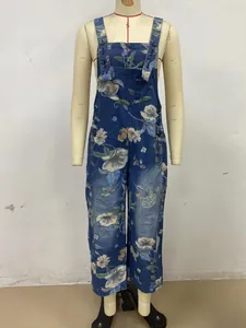 Full length front view of floral print denim overalls jumpsuit on professional mannequin