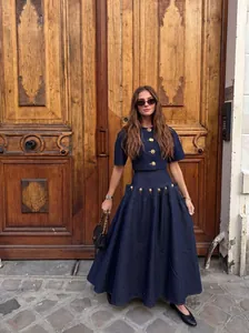 Γυναικείο Casual Denim Σετ Φούστα Βαμβάκι Πολυεστέρας Μεταλλικό Κουμπί Crop Top και Midi Φούστα άλφα γραμμή Streetwear