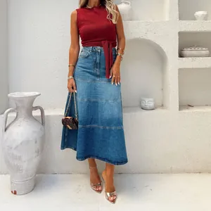 Vintage denim lange rok met hoge taille voor dames in een modieuze A-lijn pasvorm