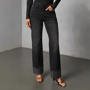 Fashionable washed black straight-leg jeans for women with sparkling rhinestone cuffs