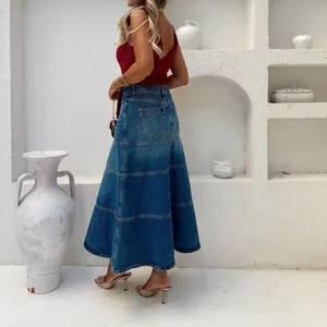 Dames retro denim maxi-rok met hoge taille en A-lijn in vintage blauw