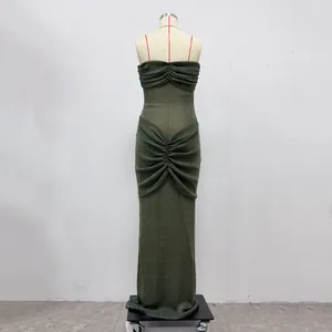 Back view of a shimmering olive green strapless maxi dress with elegant ruching details.