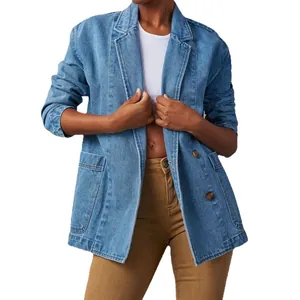 Lässiger gewaschener blauer Denim-Blazer für Damen mit Revers und großen Taschen
