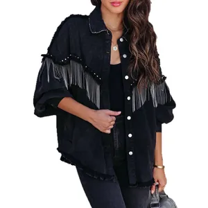 Black denim jacket with street style silver chain fringe and silver rivet details