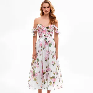 Women's Sexy Floral Print Midi Dress Elegant Tie Shoulder Strap Big Swing A-Line Dress Polyester Rose Pattern Party Sun Dress