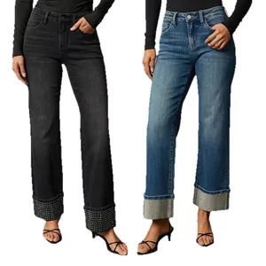 Stylish women's straight leg jeans featuring rhinestone embellished folded cuffs in black and blue