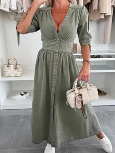 Women V Neck Button Up Denim Dress Street Style Washed Cotton Polyester Midi Dress Distressed With Bow Tie Short Sleeves
