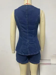 Back view of sleeveless denim two-piece set featuring vest and high-waisted shorts