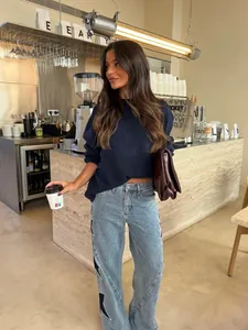 Stylish casual loose straight-leg light blue denim jeans with star patterns for women
