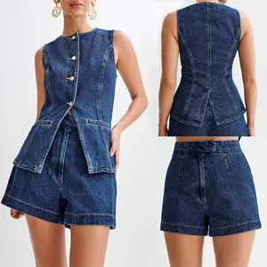 Detailed view of women's sleeveless denim vest and high-waisted shorts set in dark blue