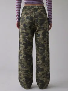 Back view of women's loose camouflage cargo pants with high elastic waist and two back pockets
