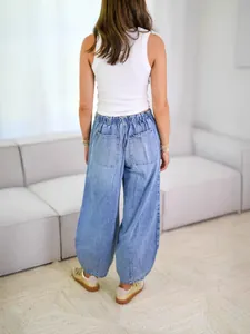 Fashionable women's casual light blue baggy denim jeans with comfortable elastic waist