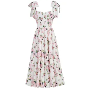 Elegant white floral midi dress with pink rose print and self-tie shoulder straps
