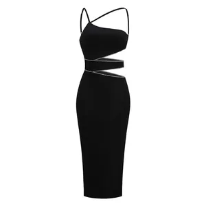 Sexy zwarte bodycon midi-jurk met uitsnijdingen van strass-ketting en zijsplit.