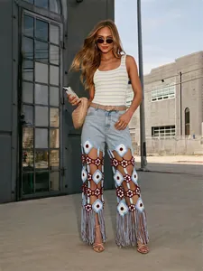 Pantalones Vaqueros Rectos Bohemios para Mujer de Crochet con Borlas Pantalones de Mezclilla Azul Claro Vintage Streetwear Étnico
