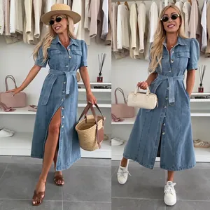 Detailed styling options for a short sleeve denim midi dress with belt.
