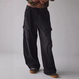 Oversized women's washed black cargo jeans with drawstring waist and wide legs