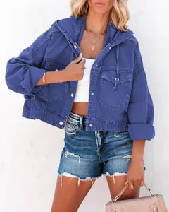 Blaue Jeansjacke für Damen mit Kapuze und Kordelzug, kurzer lockerer Streetstyle