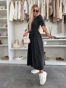 Elegant dark gray V-neck denim midi dress with stylish short sleeves and front buttons