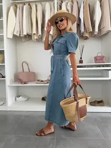 Women's denim midi dress with lapel collar and belted waist for elegant summer style