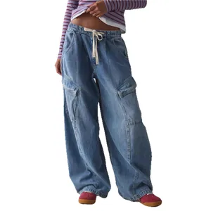 Casual women's loose wide-leg denim cargo pants with drawstring waist in blue