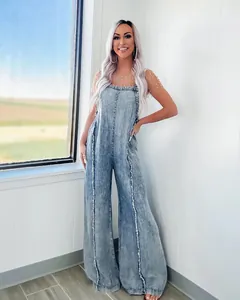 Vintage washed denim wide leg overalls with stylish pearl sheer mesh short sleeves