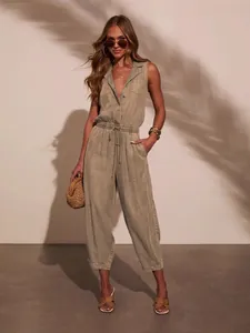 Casual washed thin denim sleeveless jumpsuit for women in a summer holiday style