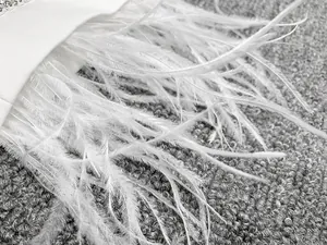 Gros plan détaillé sur les plumes blanches et les boutons en strass d'une robe blazer chic.