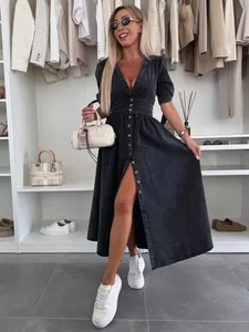 Elegant full-length black V-neck button-up denim dress with puff sleeves and high slit