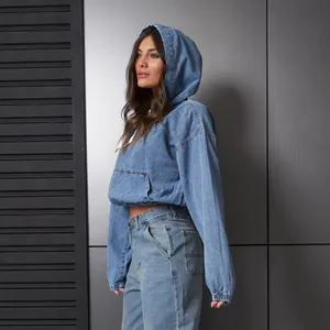Haut en jean à capuche délavé bleu décontracté et ample pour femme, style urbain