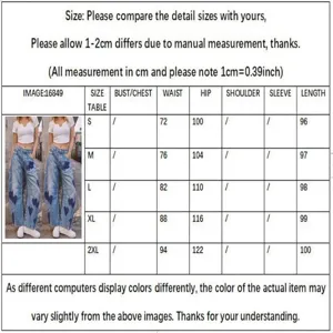 Women's loose mid-waist jeans size chart with measurements in cm and inches.